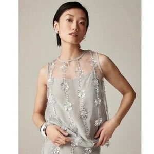 NWT!! J. CREW Collection Sheer Layered Sequin Top Silver Embellished Glam Size 2